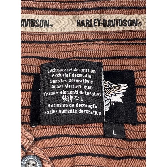 HARLEY-DAVIDSON Mens LARGE Brown Stripe Embroidery Spell-Out Button-Up S/S SHIRT - Picture 10 of 11